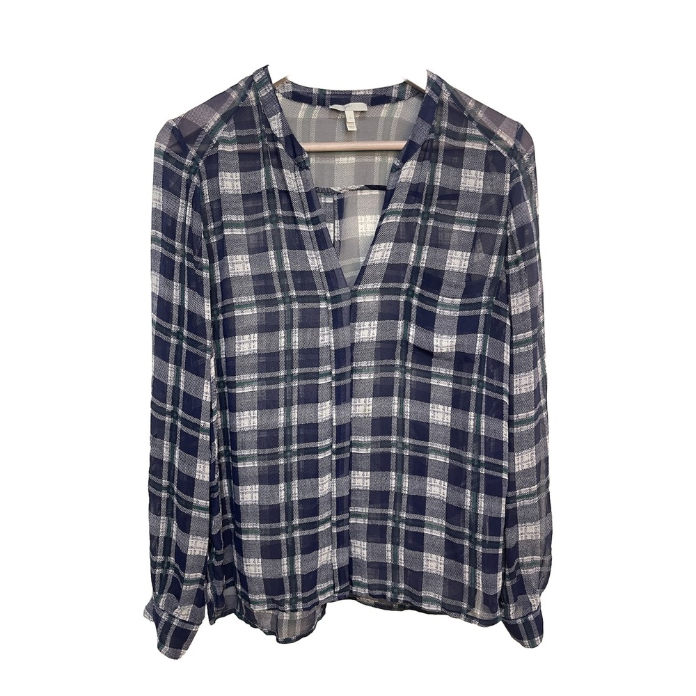 Joie Small Sheer 100% Silk Blue Plaid Blouse Button Down Front Pocket